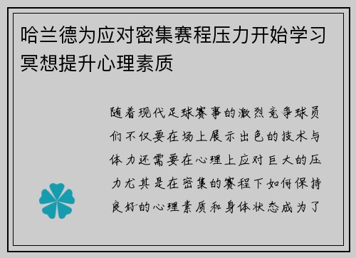哈兰德为应对密集赛程压力开始学习冥想提升心理素质